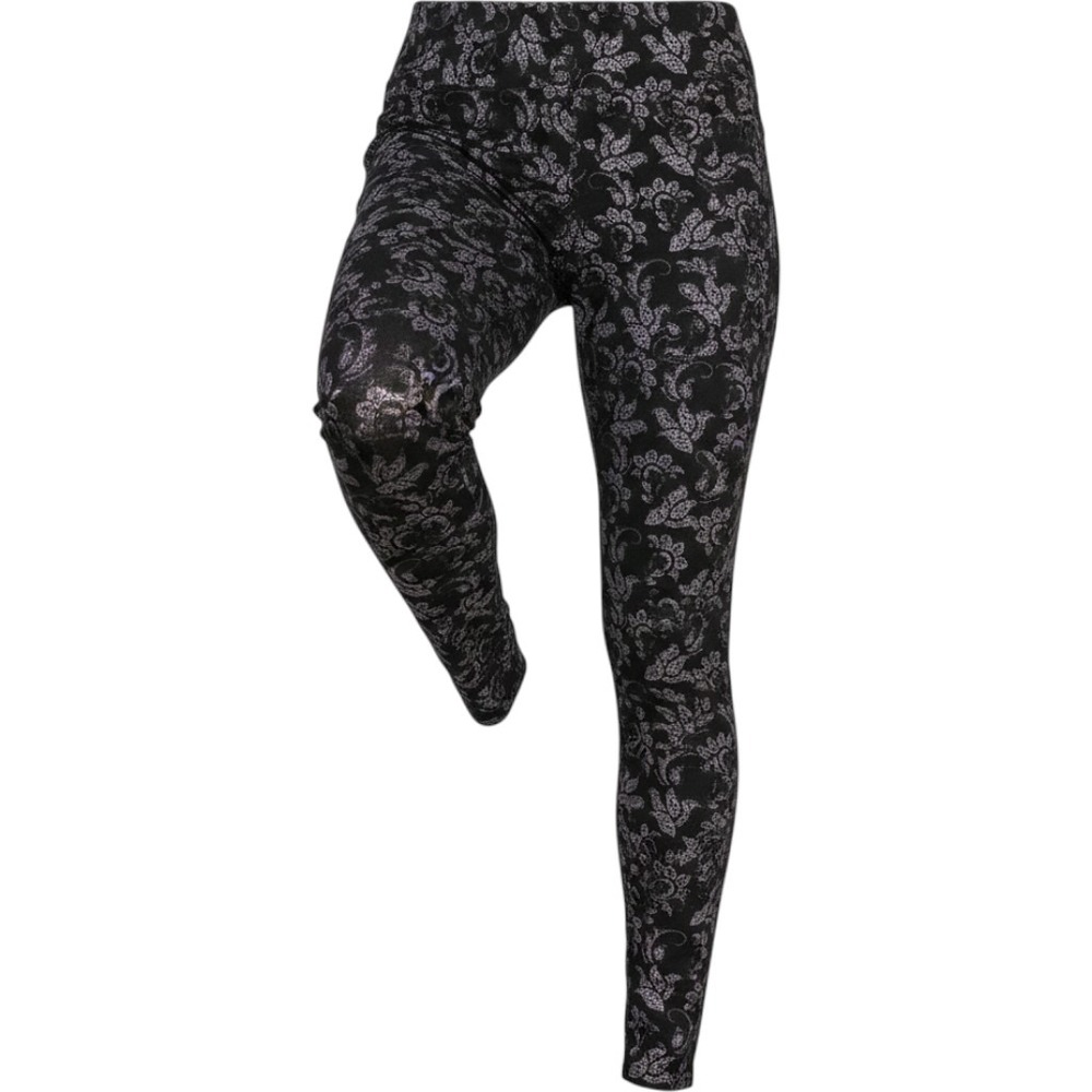 Just Cozy Fleece Lined Leggings Black White Floral Paisley Print M/L